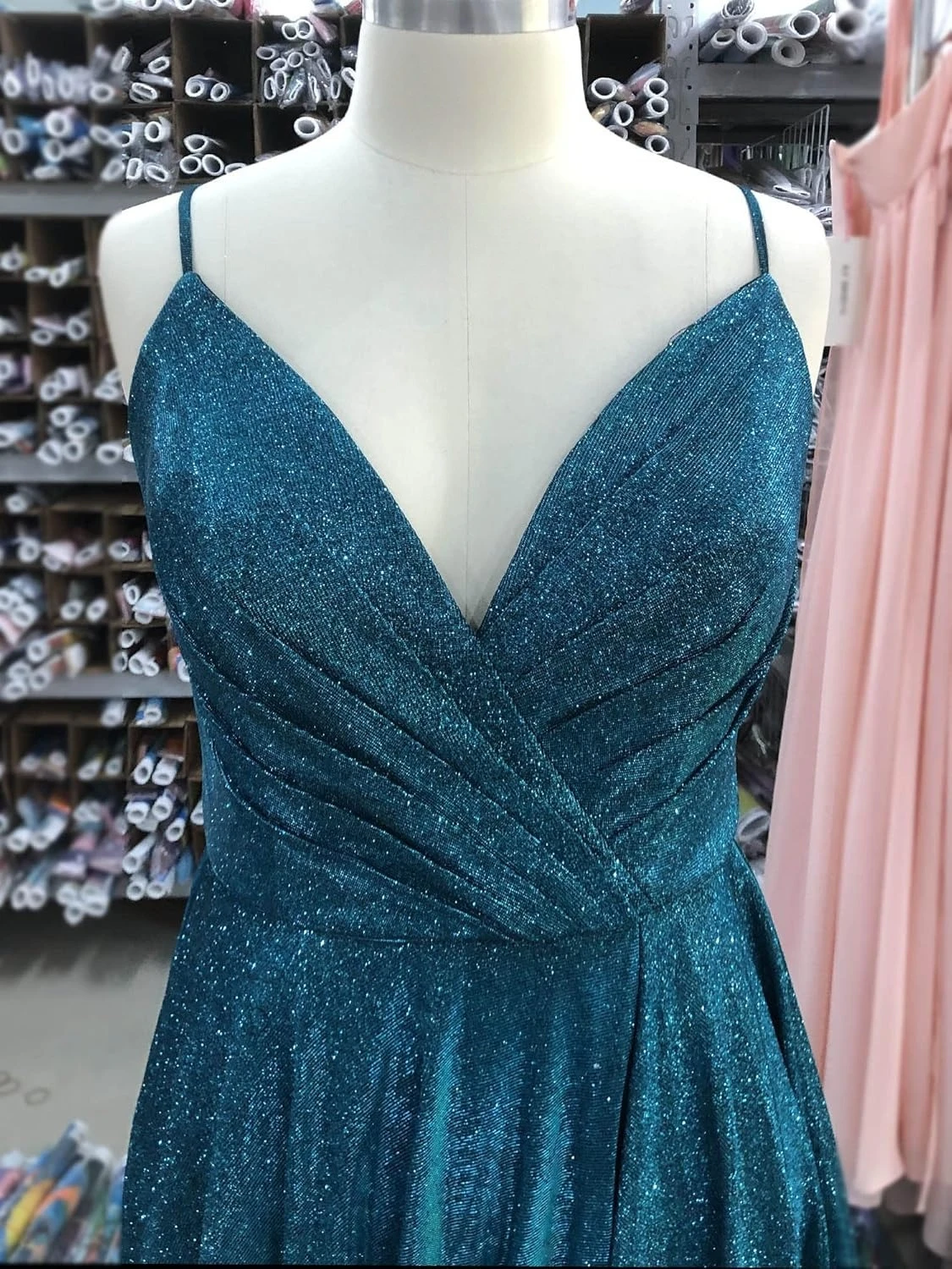 プロムドレス ロング Aライン ポケット付き Vネック フォーマルイブニングボールガウン サイドスリット グリッターパーティードレス イブニングガウン