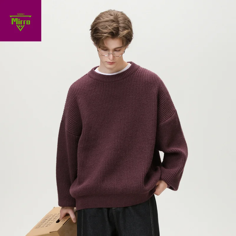 

【Mirrordust】Осенне-зимний текстурированный однотонный повседневный вязаный свитер, простой универсальный свитер с круглым вырезом для мужчин