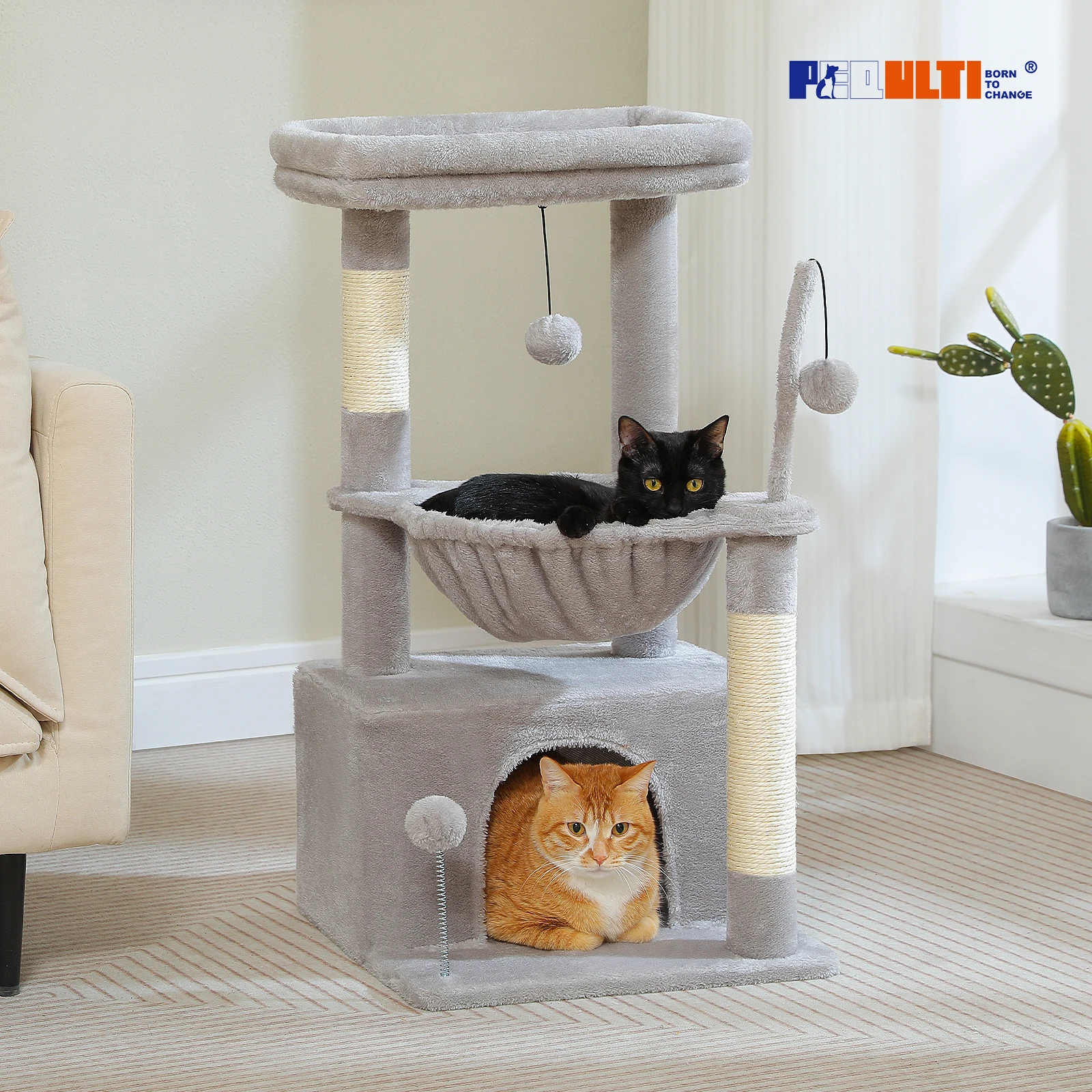 

4-in-1 Cat Tree with Large Cat Condo, Sisal Scratching Post, Deep Hammock, Cozy Top Perch, Small Cat Tower for Indoor, Cat Toys