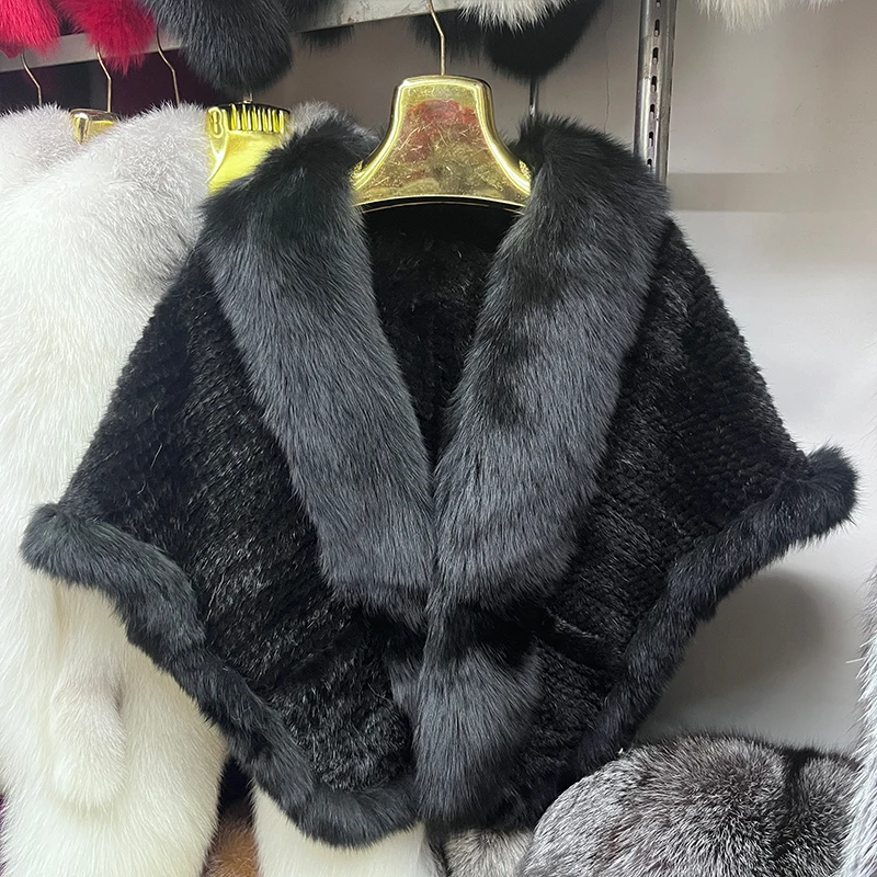2025 New Real Mink Fur Coat Women Autumn Winter Shawl Knitted Genuine Fur Jacket Cape Scarf Natural Fox Fur Collar Luxury Cloak