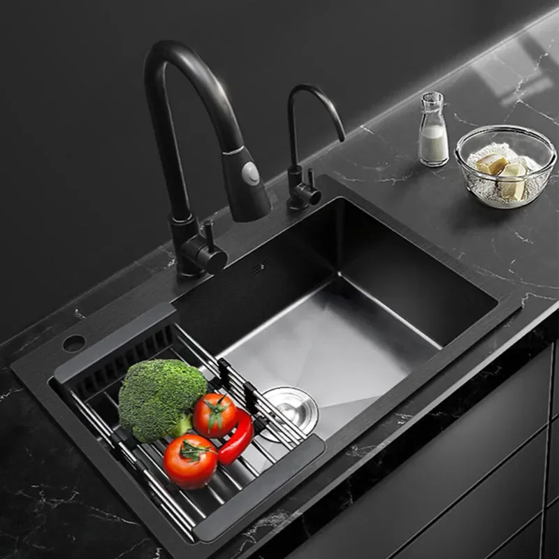 for Black Nano Large Single Kitchen Sink 304 Stainless Steel Handmade Vegetable Basin Multifunctional Wash Basin
