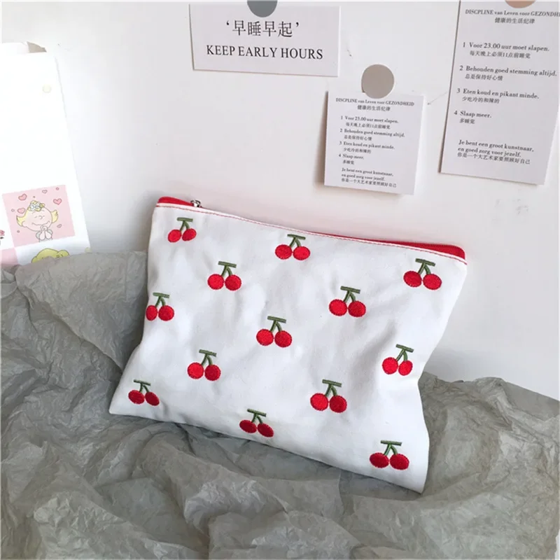 New Ins Korean Style Embroidery Canva Pencil Bag Portable Fruit Fabric Storage Bag Cosmetic Cases Fruit Design Pencil Pouch