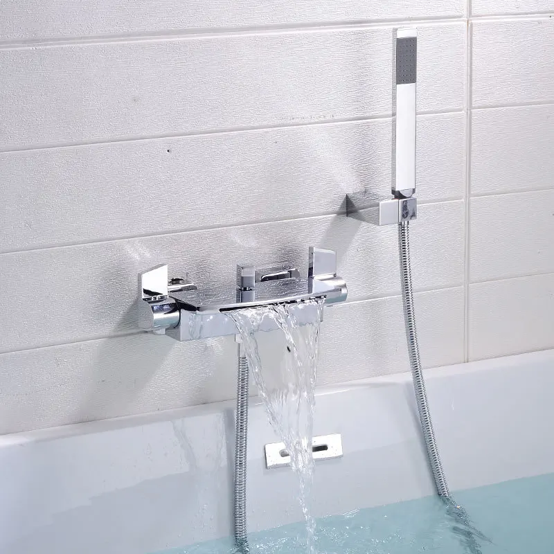 Double Handle Bathtub Faucet Set Wall Mounted Waterfall Shower Faucet with Handshower