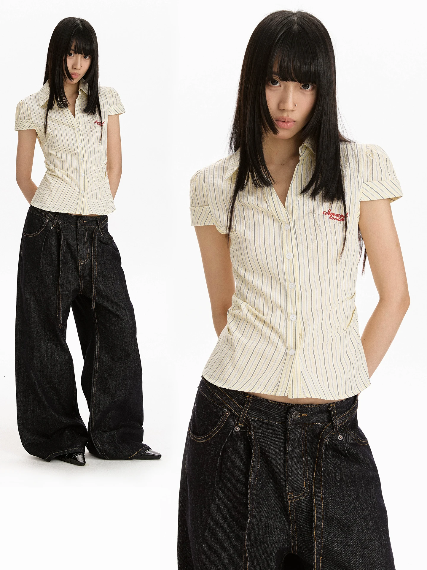 

Женская укороченная рубашка Apocket в стиле Spicy Girl с полосками, вышивкой букв, утягивающая талию, с коротким рукавом, текстурированная, приталенная, укороченная рубашка.