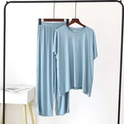 Spring and summer new ladies pajamas short sleeves + trousers two-piece modal thin loose large size solid color homewear suit