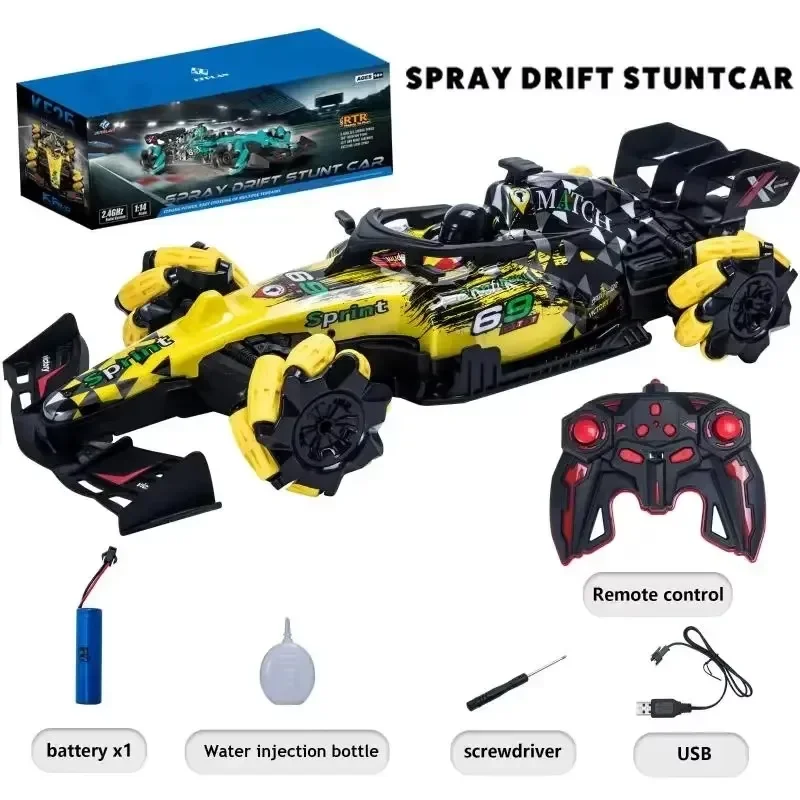 1/14 escala 2.4g rc spray deriva rotação dublê carro controle duplo poderosa força de condução fórmula escape spray racer