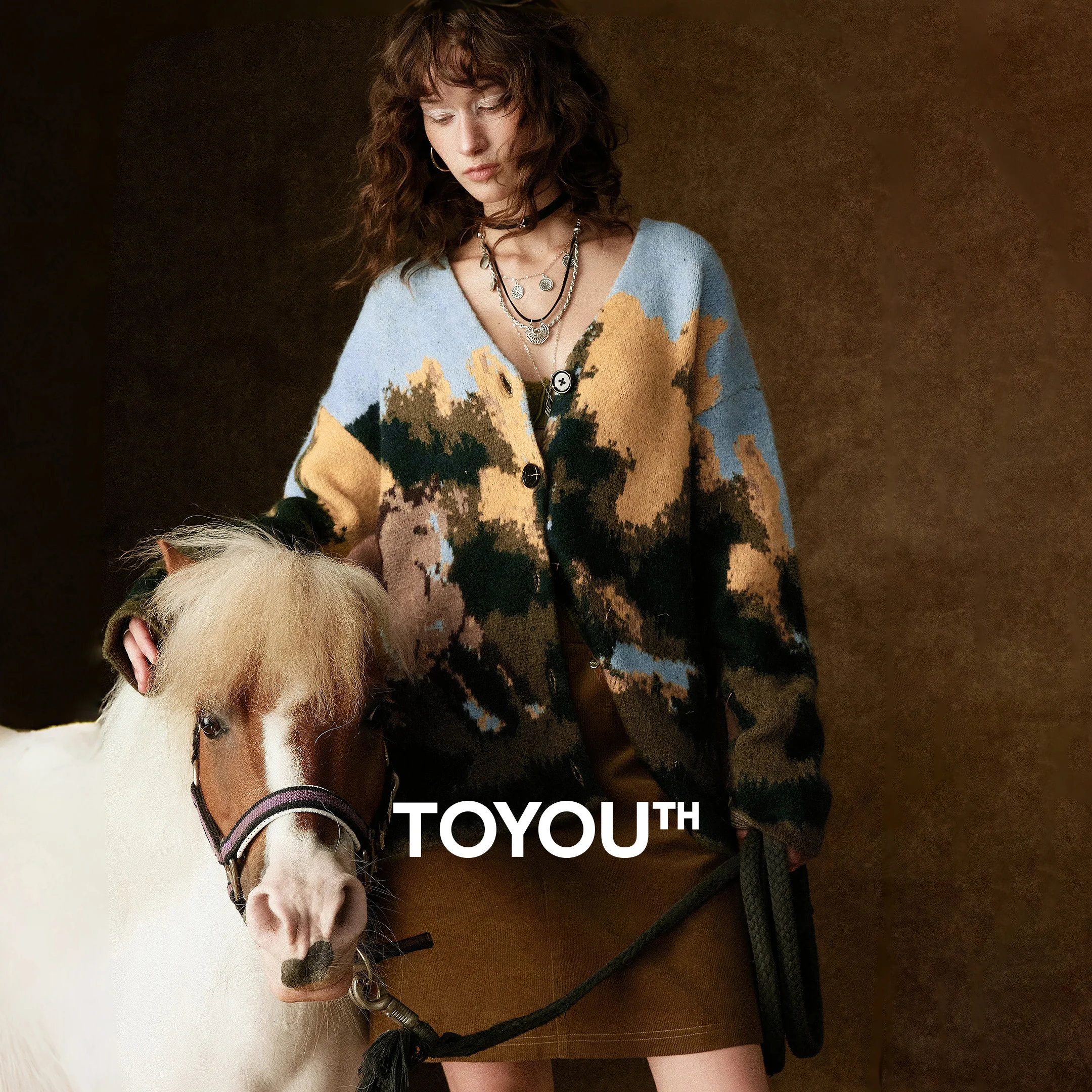 TOYOUTH Women Knitted Coats 2025 Winter New Wild Horse Oil Painting Pattern V-Neck Cardigan Outerwear