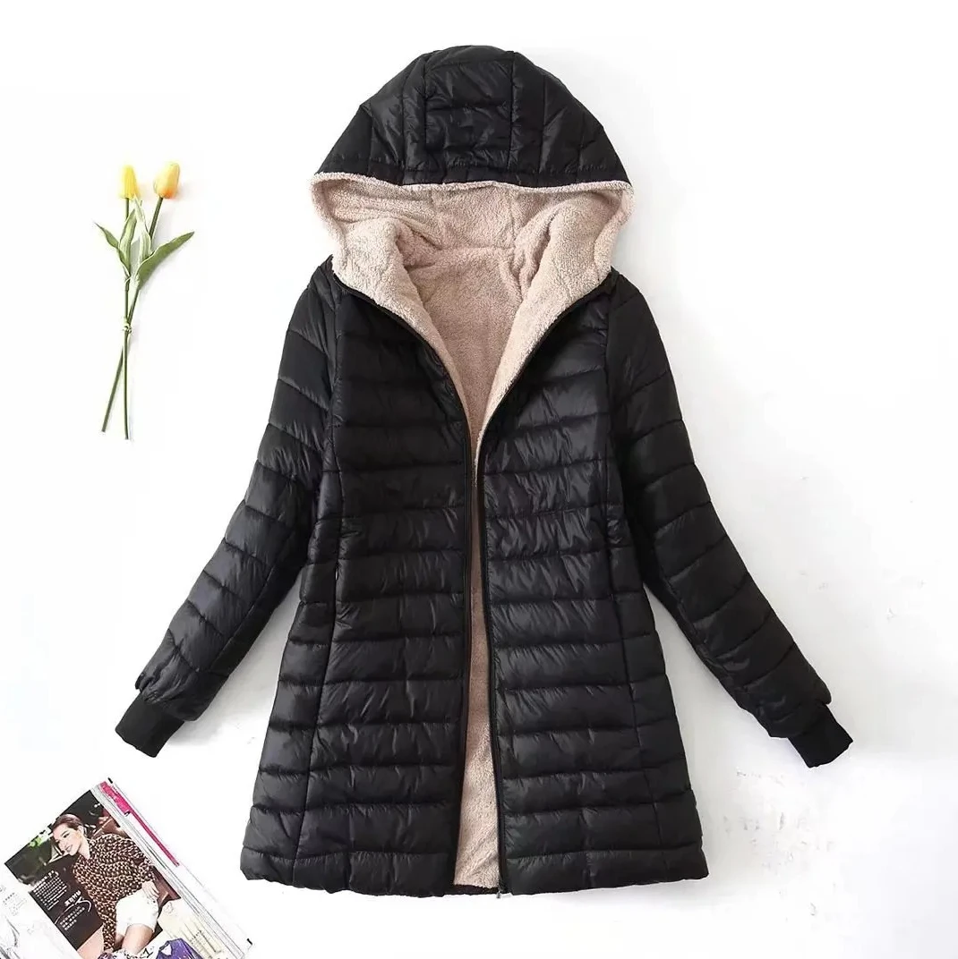 

Женская зимняя куртка в корейском стиле, пальто средней длины с капюшоном, теплая парка на флисовой подкладке, офисная повседневная осенняя верхняя одежда