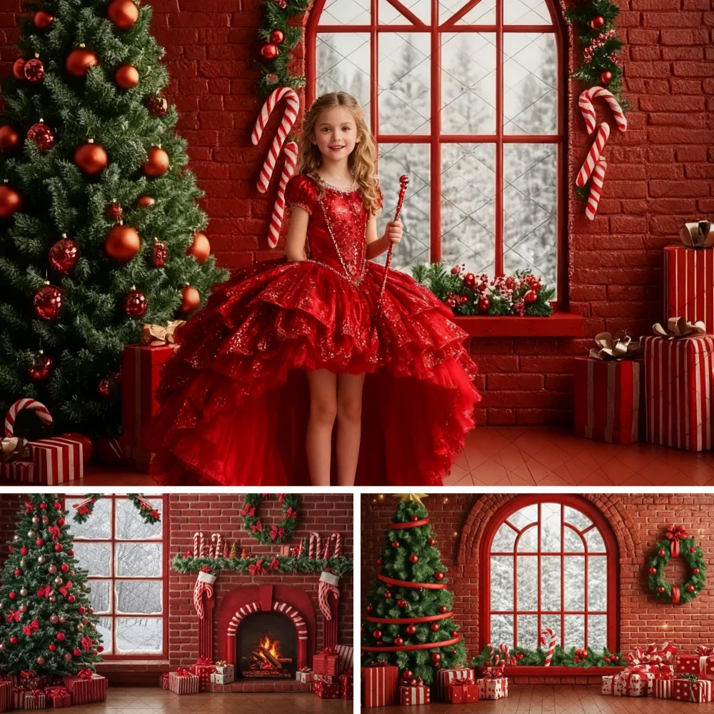 

Christmas Fireplace Window Photography Background Red Brick Wall Xmas Tree Gift Backdrop Winter Kid Family Portrait Photo Studio