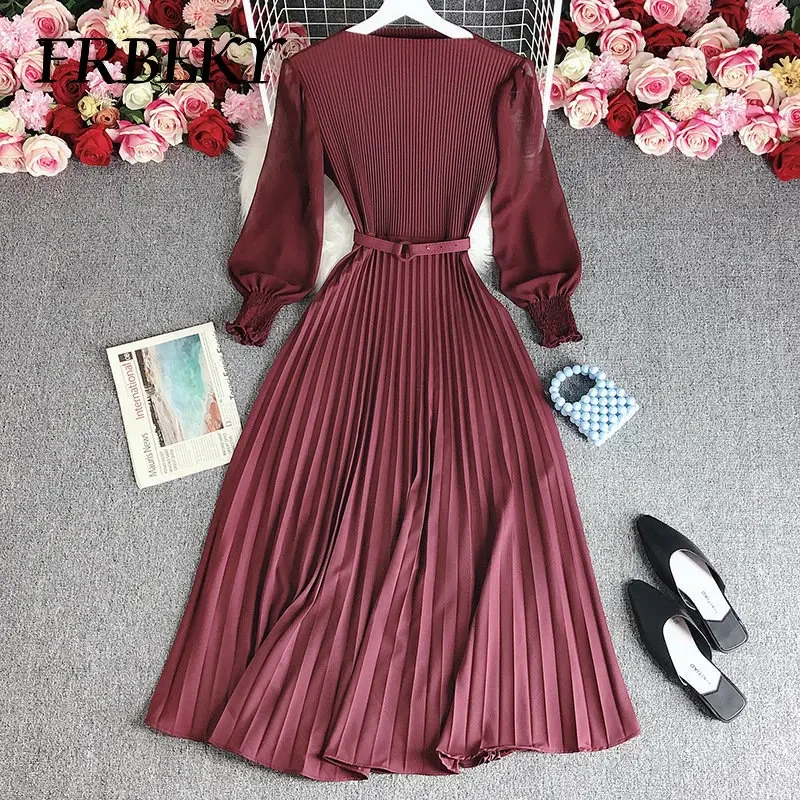Pleated Dresses New Fashion Waist Slimming Temperament French Dress Elegant Long Sleeve Pleated Waistband Romper Evening Dresses