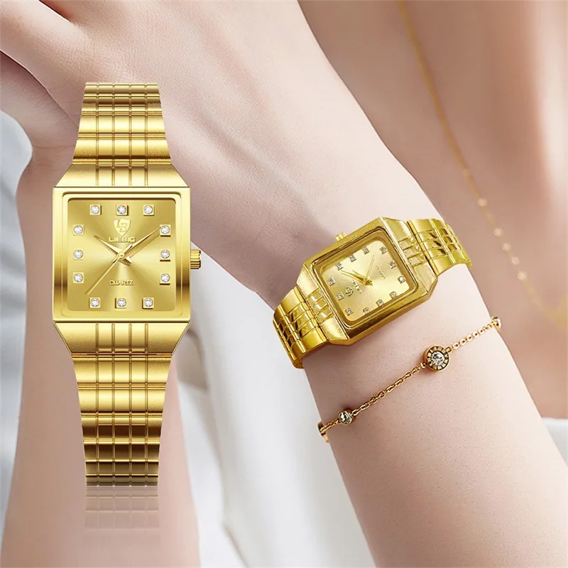 LIEBIG fashion brand luxury diamond gold watches for men couple watch reloj mujer quartz mens watch square steel strap watch
