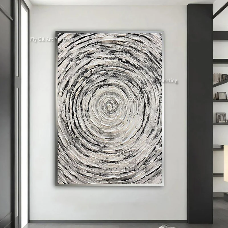 Simple Design Abstract Black And White Circle Knife Thick Oil Painting Handpainted Special Canvas Wall Art Decor For Living Room