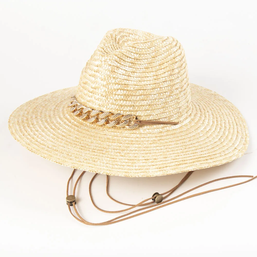 Acrylic Chain Beach Hats For Women Luxury Designer Summer Fedoras With Strap Elegant Ladies Sun Hats Outdoor