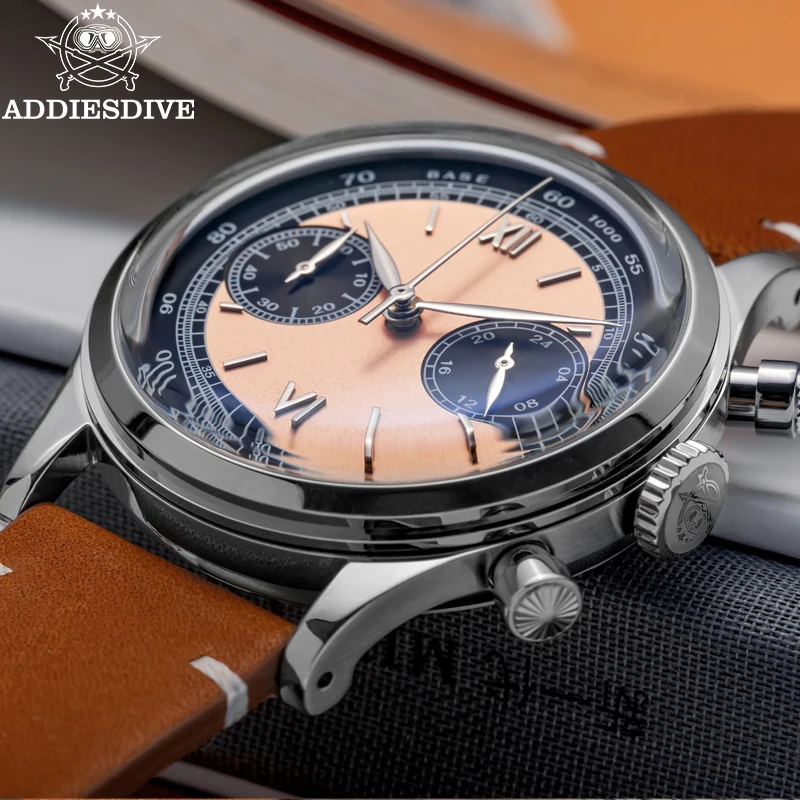 Relojes ADDIESDIVE con logotipo personalizado para hombre, cronógrafo con espejo de burbuja, 100m, resistente al agua, acero inoxidable 316L, 38mm, reloj de pulsera de cuarzo VK64
