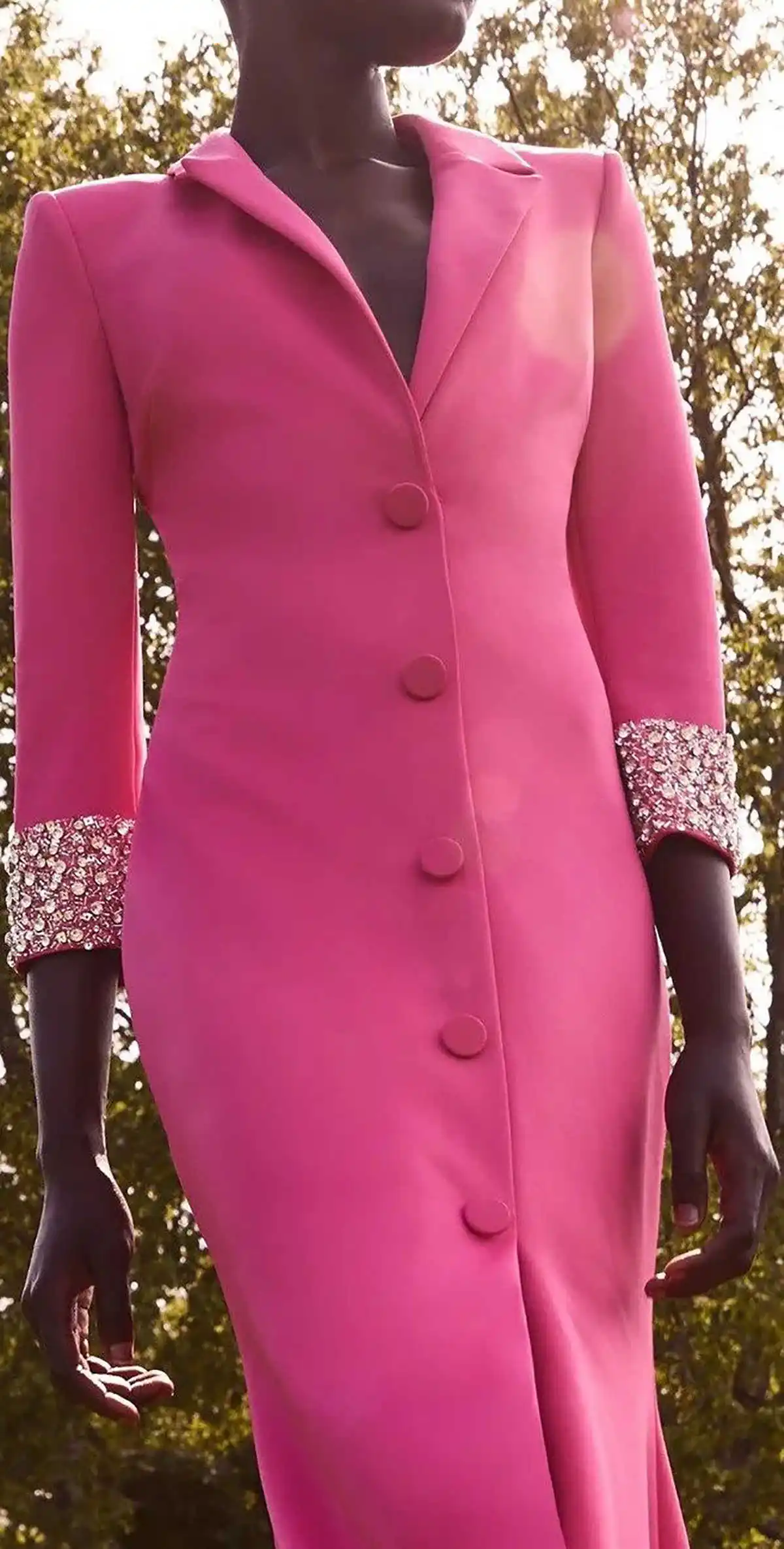 Hot Pink Women Long Jacket Crystal Beading Custom Made Slim Fit Mother Of Bride Blazer Graduation Ceremony Attire Wear