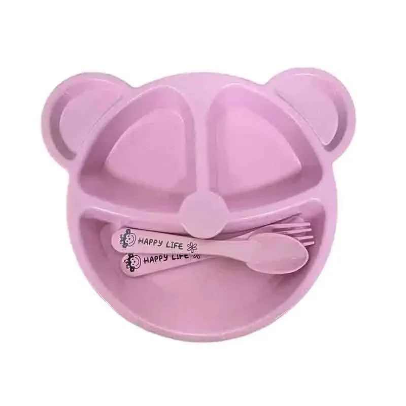 New Fractal Cartoon Bear Kids Plate Set Bowl+Spoon+Fork Feeding Food Tableware Wheat Straw Dinnerware Designed For Children