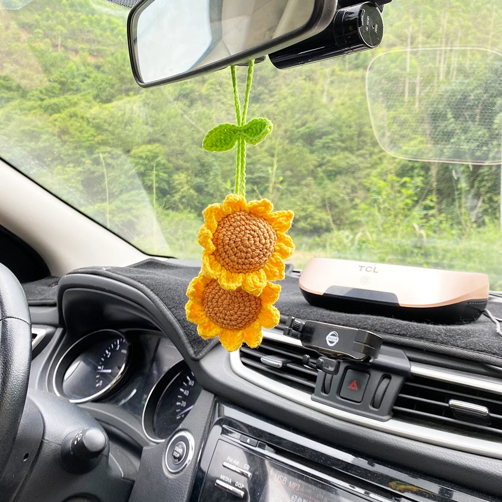 2 Pcs Sunflower Accessories For Women Car Mirror Hanging Teens Interior Rear View Mirror Flower Decor Charm