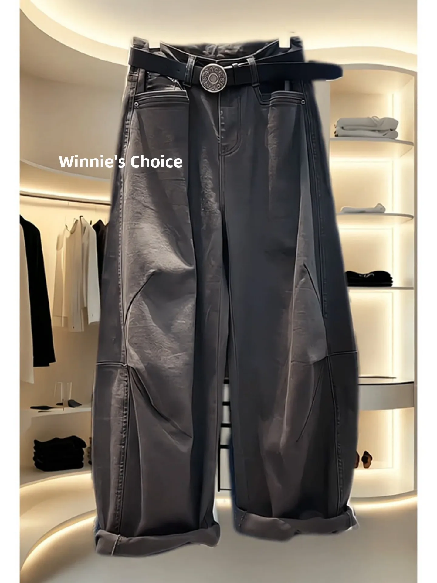 Retro Coffee Color Women's Jeans Loose Straight Leg Workwear Trousers Autumn Winter plus Size Slimming Short plus Size