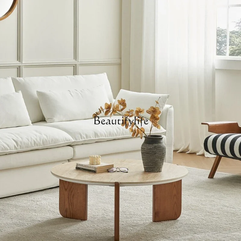 

ls 35French medieval solid wood coffee table small apartment travertine rock slab round small tea table