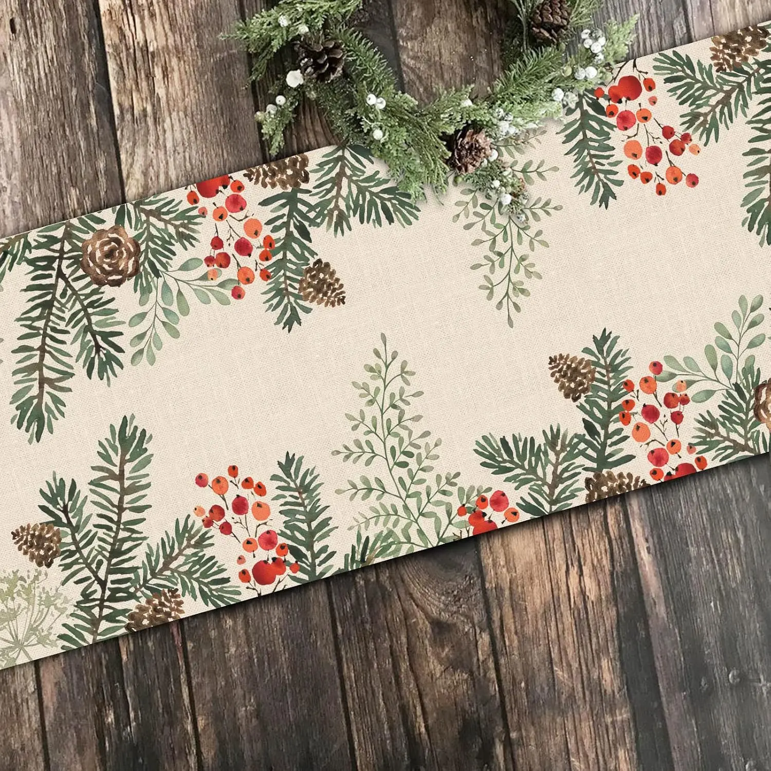 Winter Pine Cone Needle Branch Berry Linen Table Runner Botanical Tabletop Scarf  Decor, Holiday Party Rustic Dining Decorations