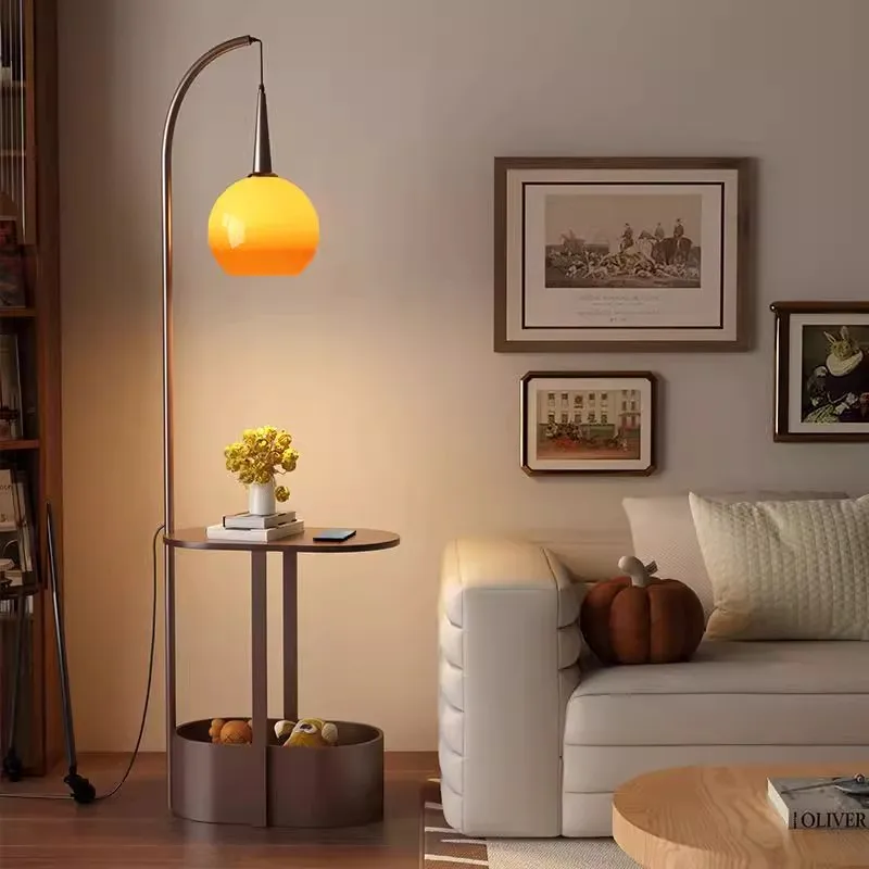 Orange Glass Lampshade Led Floor Lamps for Living Room Sofa Shelf All-in-one Storage Bedroom Bedside Ambient Lights Home Decor