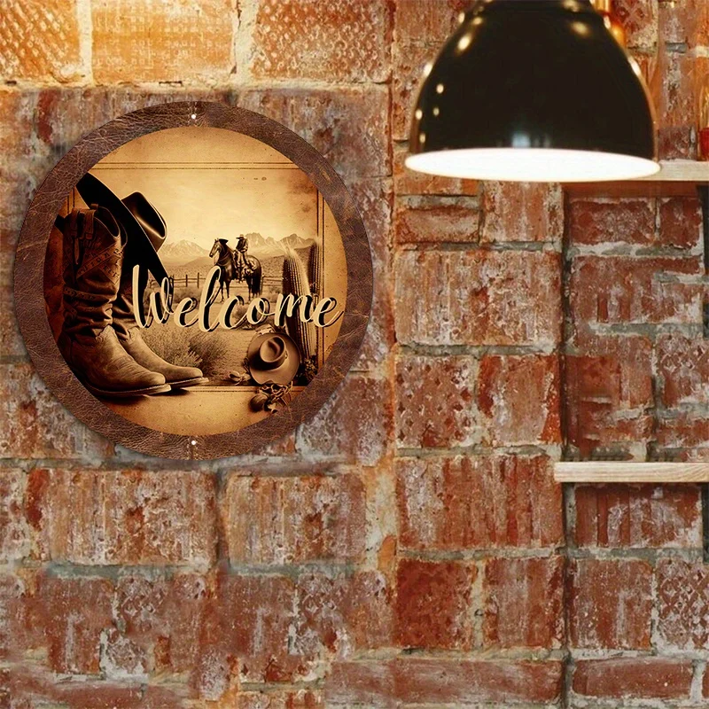 Rustic White Aluminum Metal Sign, Distressed Western Wreath Design, Cowboy Themed Decoration, Durable, Weather Resistant