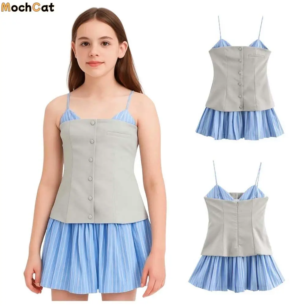 

Striped Sleeveless Dress Teenagers Adolescent Blue Color Suspenders Short Skirt Casual Loose College Style Pleated Skirt