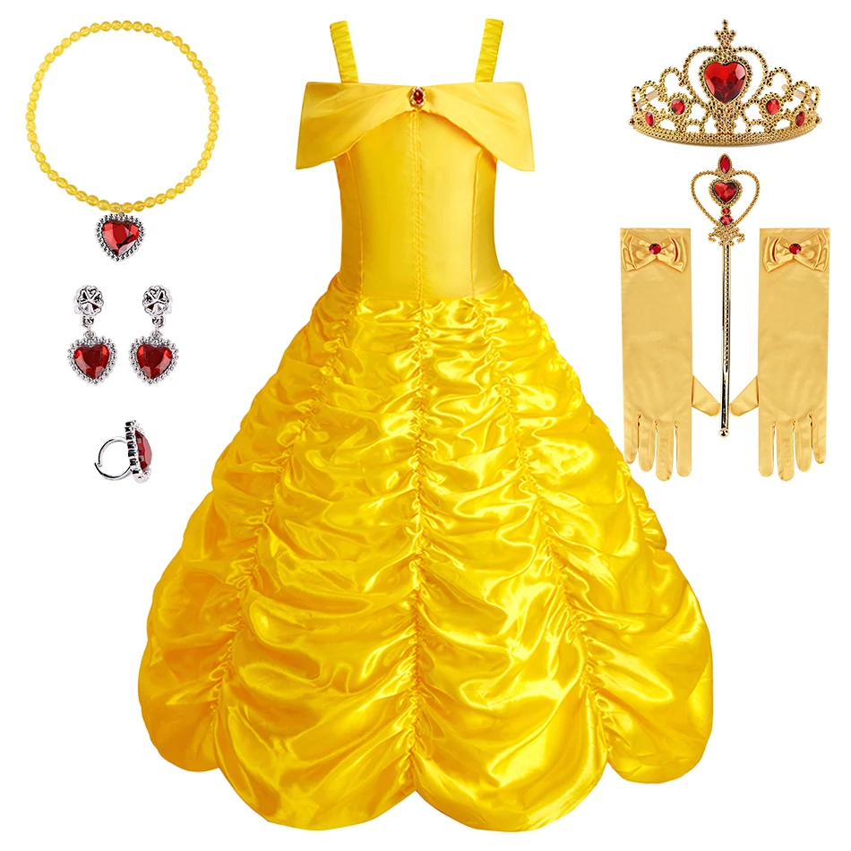 Crianças Princesa Estilo Cosplay Vestidos com Acessórios, Belle Meninas, Carnaval, Festas de Aniversário, Fancy Dance Performance Roupas