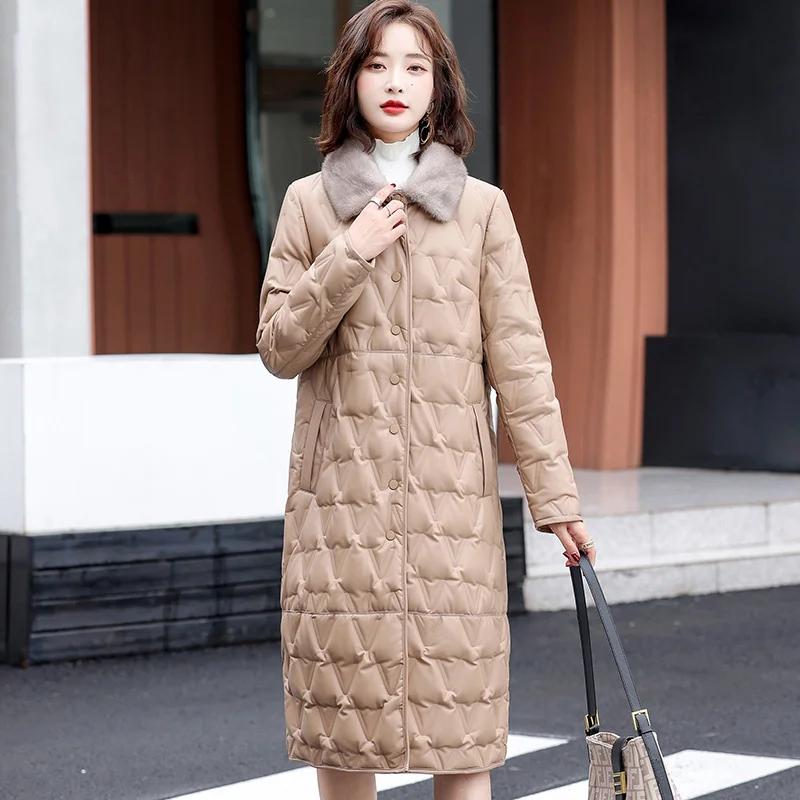 ลงใหม่ผู้หญิง Sheepskin เสื้อกันหนาวฤดูใบไม้ร่วงฤดูหนาว2023แฟชั่น Warm Mink Fur Collar หลวมหนังลงเสื้อหนายาวขนสัตว์เสื้อ