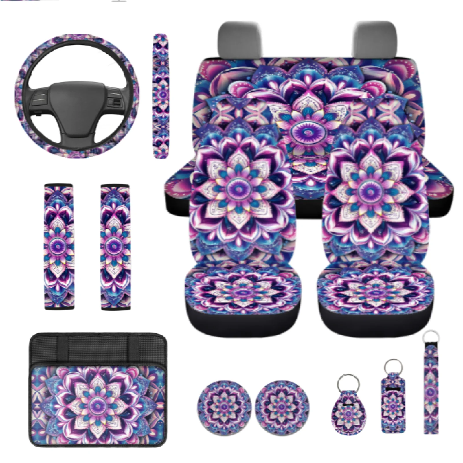 Coloranimal Mandala Floral 13 PCS Set Car Seat Cover Set with Comfortable Coasters and Key Chain for Auto Interior