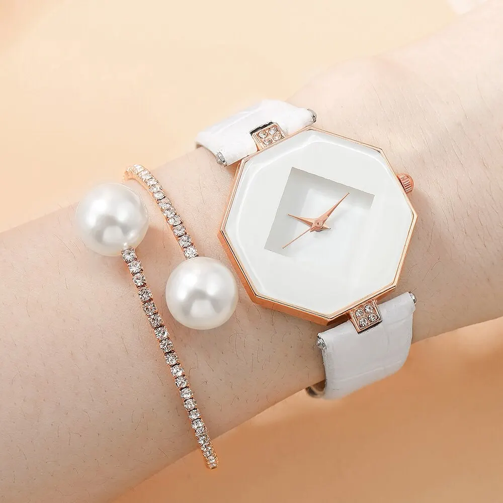 2pcs White Simple Watch Rhinestone Pearl Bracelet For Women Personality Irregularly Quartz Watch Bracelet Set