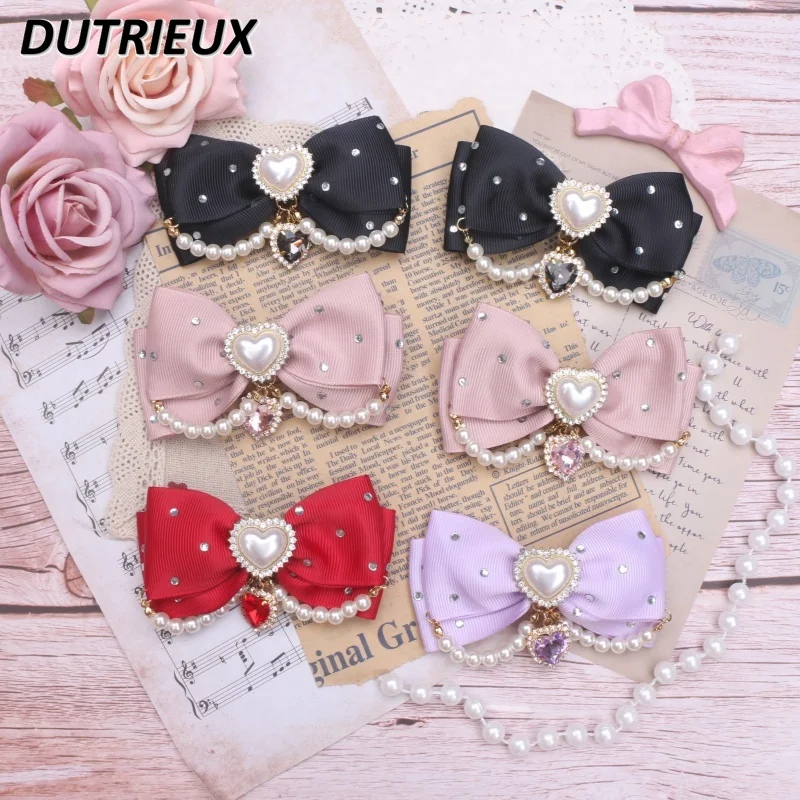 Sweet Cute Girl Handmade Japanese Lady Hot Diamond Beaded Accessories Bow Love Diamond Pendant Hairpin Headdress Hair Clip