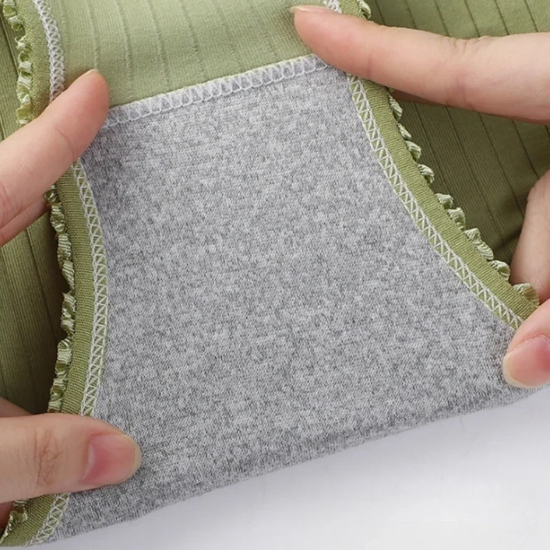 Calcinha feminina sem costura roupa interior cintura alta briefs respirável cor sólida macio lingerie feminina babados decoração lingerie