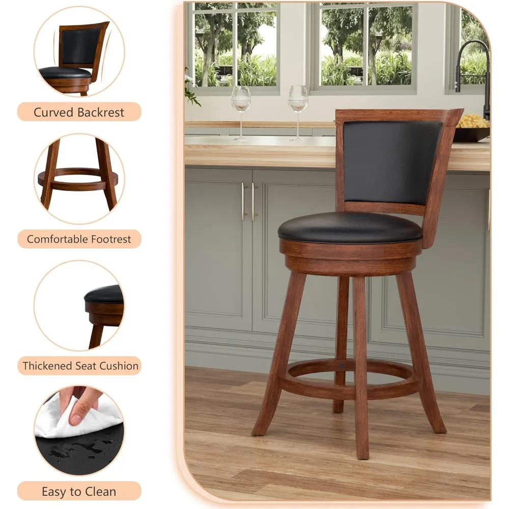 Set of 2 24 High Swivel Bar Stools with Backrest and Faux Leather Seats for Kitchen Island