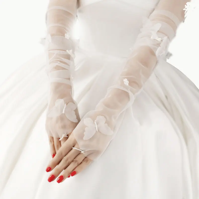 Fingerless Women's Tulle Sheer Gloves White Butterfly Bride Wedding Gloves Long Gants Mariage Gloves Lace Party Dress Glove