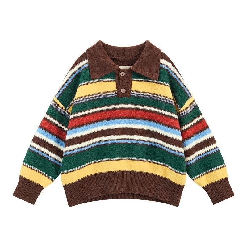 Herbst Kinder Jungen Gestreifter Pullover Retro Umlegekragen Junior Jungen Strickwaren Vintage 4-10 Jahre Kinder Jungen Langarm Pullover – Detail 6