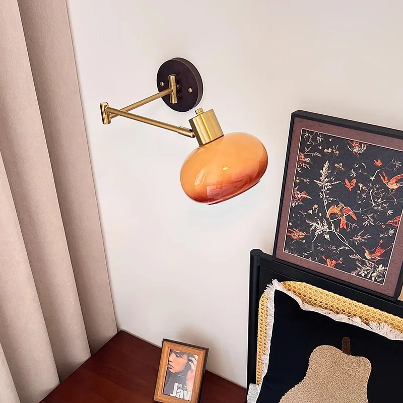 Medieval style bedroom bedside wall lamp Displaceable cream wind folding retractable persimmon lamp