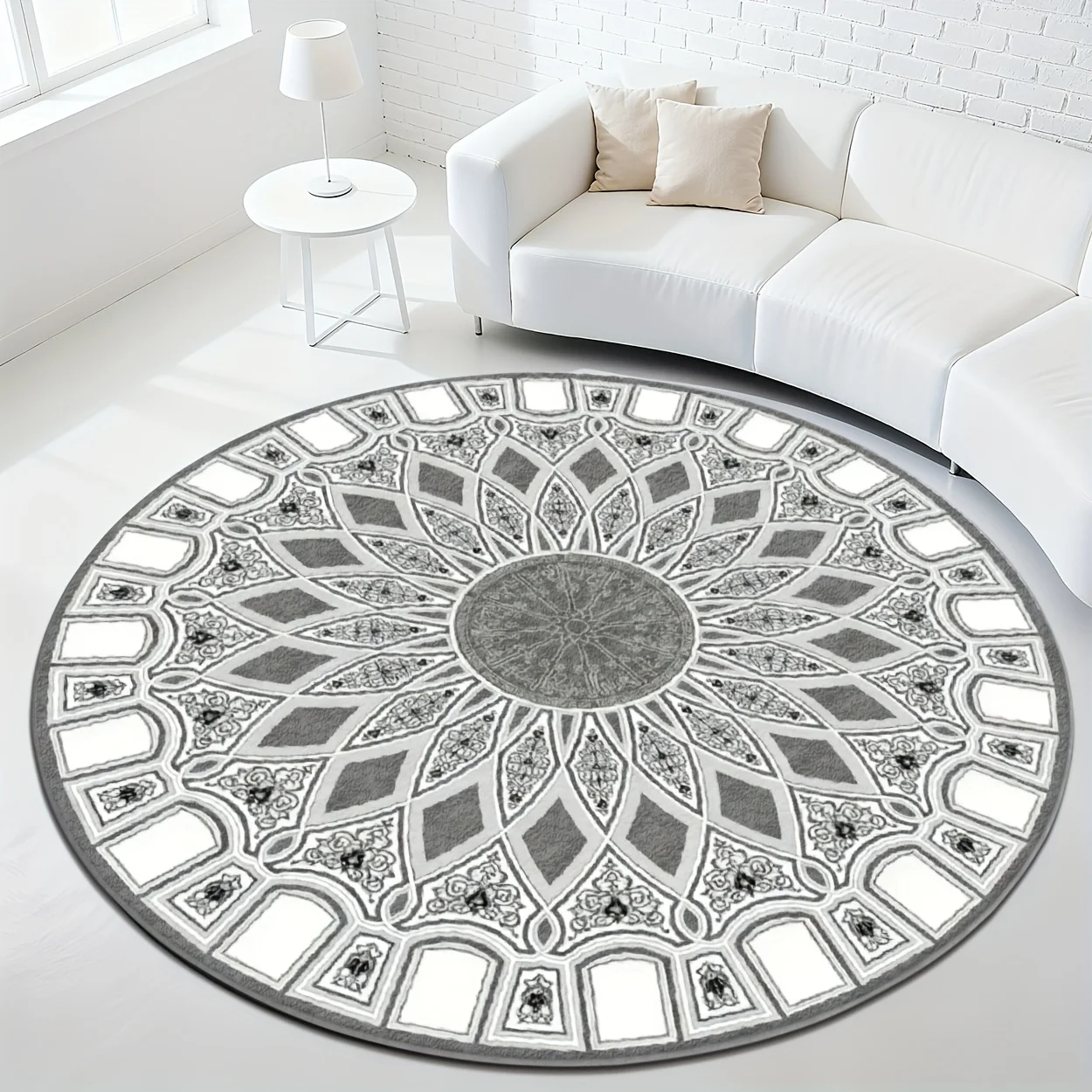 Classic monochrome 2D printed round rug light charcoal mandala design versatile decor for office dance studio