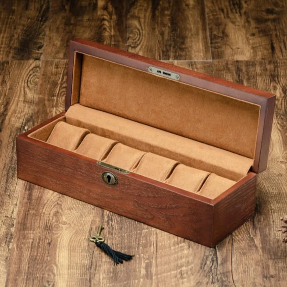 Retro 6 Slots Watch Box With Lock Wooden Organizer Watch Display Case Collection Watch Holder Watch Storage Box Wrist Watch