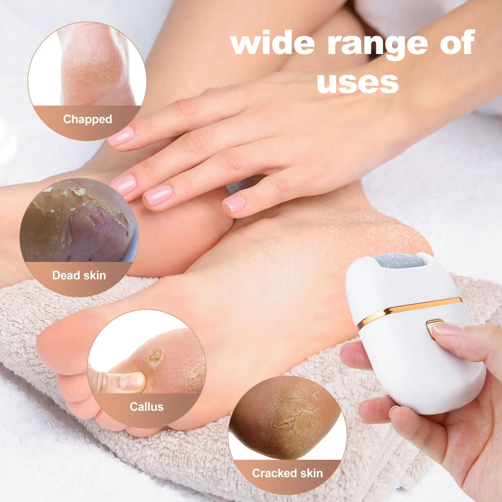 Electric Foot File & Callus Remover – Rechargeable Pedicure Tool with 2 Speeds and 3 Interchangeable Grinding Heads