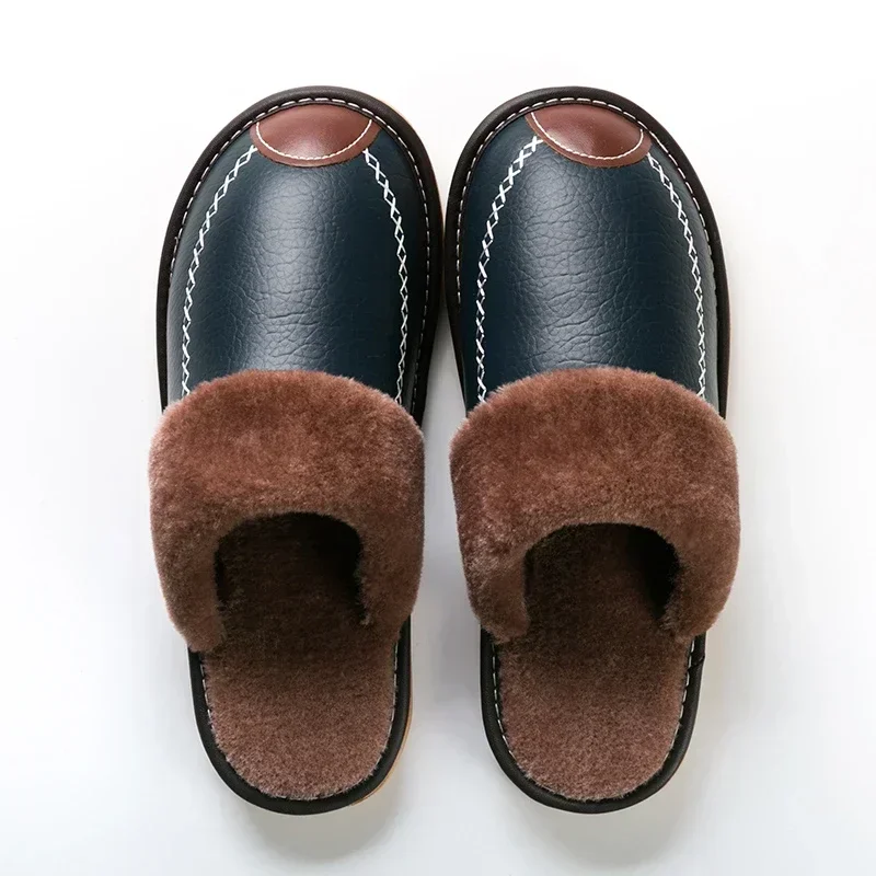 FONGIMIC Men Slippers Black New Autumn PU Leather Slippers Warm Indoor Slipper Waterproof Home Shoes Men Warm Leather Slippers