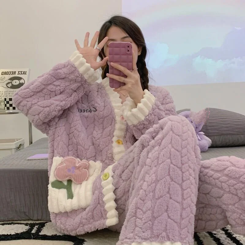 ملابس نوم من الصوف المرجاني للنساء، الخريف والشتاء مع طقم بدلة منزلية بغطاء للرأس من الفلانيل بنقطة سميكة وحلوة ملونة #4