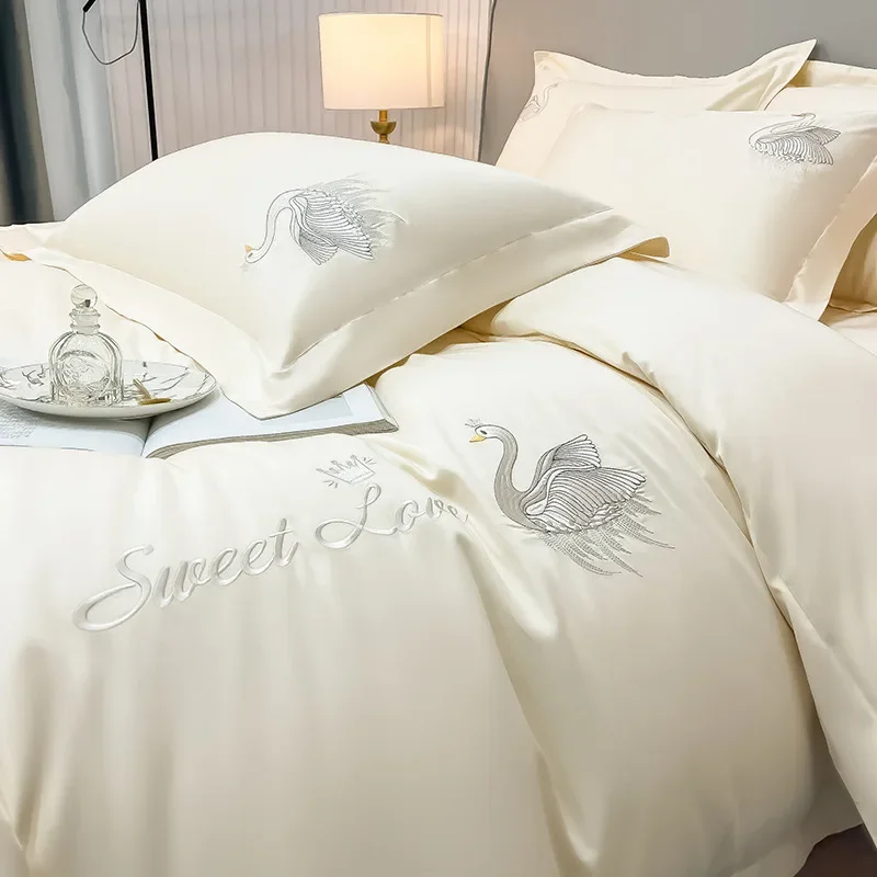 Egyptian Cotton Bedding Set Soft Duvet Cover Bed Sheet and Pillowcases Swan Embroidery Bed Sets King Size Comforter Bedding Sets