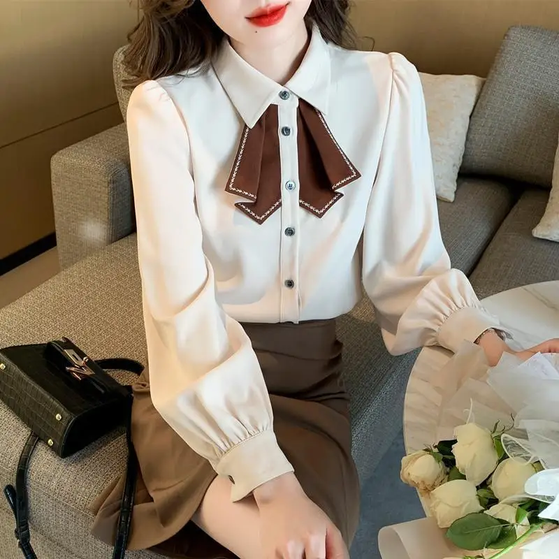 Spring Autumn New Temperament Patchwork Turn-down Collar Long Sleeve Blouse Female Simplicity Buttons Chiffon Women\'s Shirt Tops