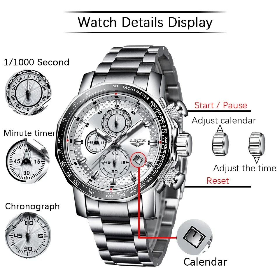 

LIGE 2026 Men's watches Clock Fashion Luxury Business Quartz Chronograph Sport Waterproof Dial Male Military watches for men+BOX