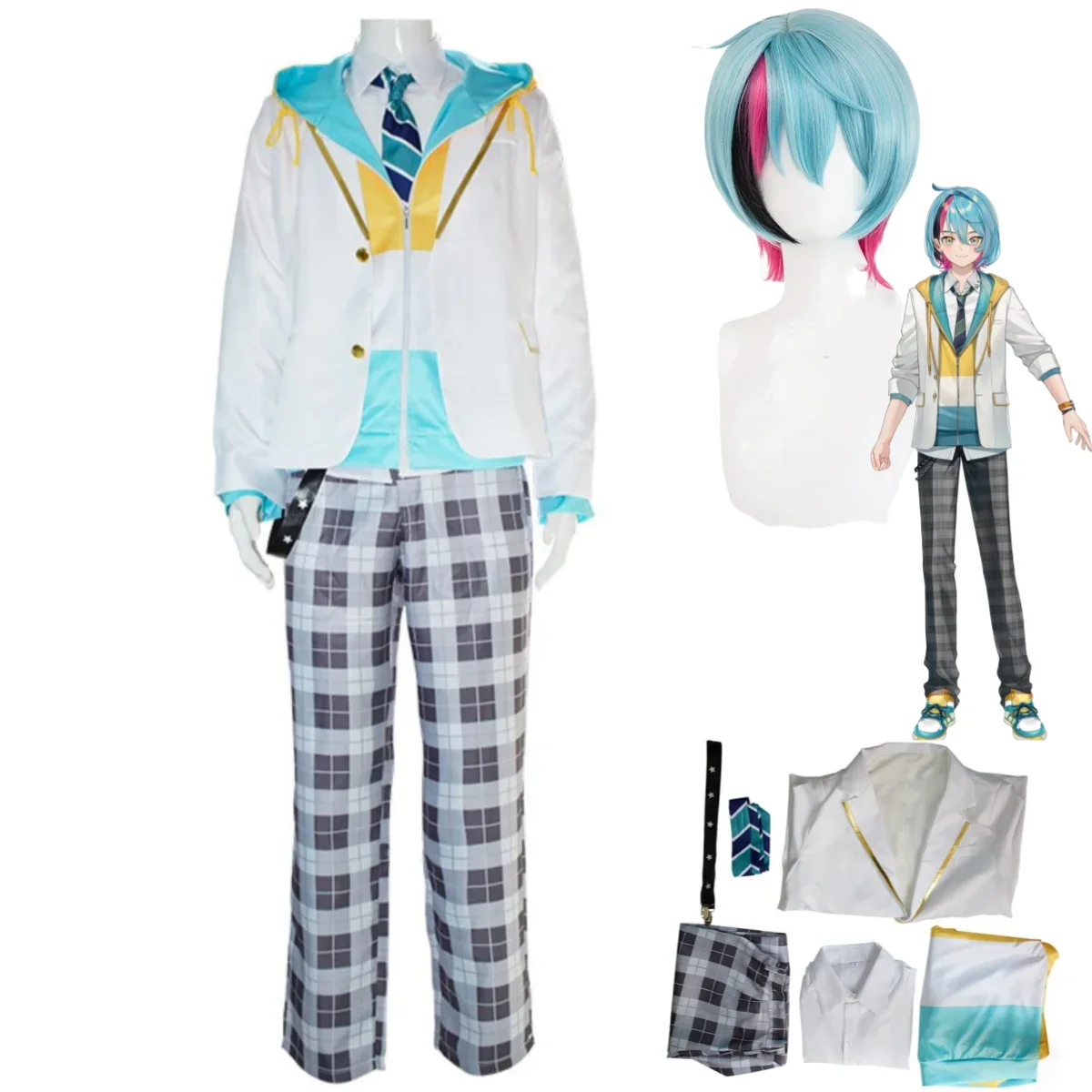 Anime Virtual You Kyo Kaneko Cosplay Costume En Iluna Wig School Uniforms Hooded Coat Man Halloween Carnival Suit