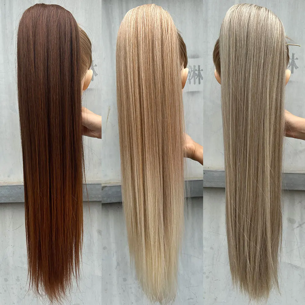 Hair Extensions 28 Inch Long Straight Drawstring Ponytail AIYEE 180g Honey Copper Caramel Auburn Blonde Synthetic Heat Resistant