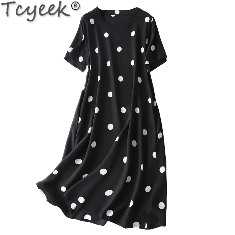 Tcyeek 100% Moerbei Zijden Jurk Vrouwen Elegante vrouwen Jurken Vintage Jurk stippen Zomer Kleding losse taille Vestidos de Mujer