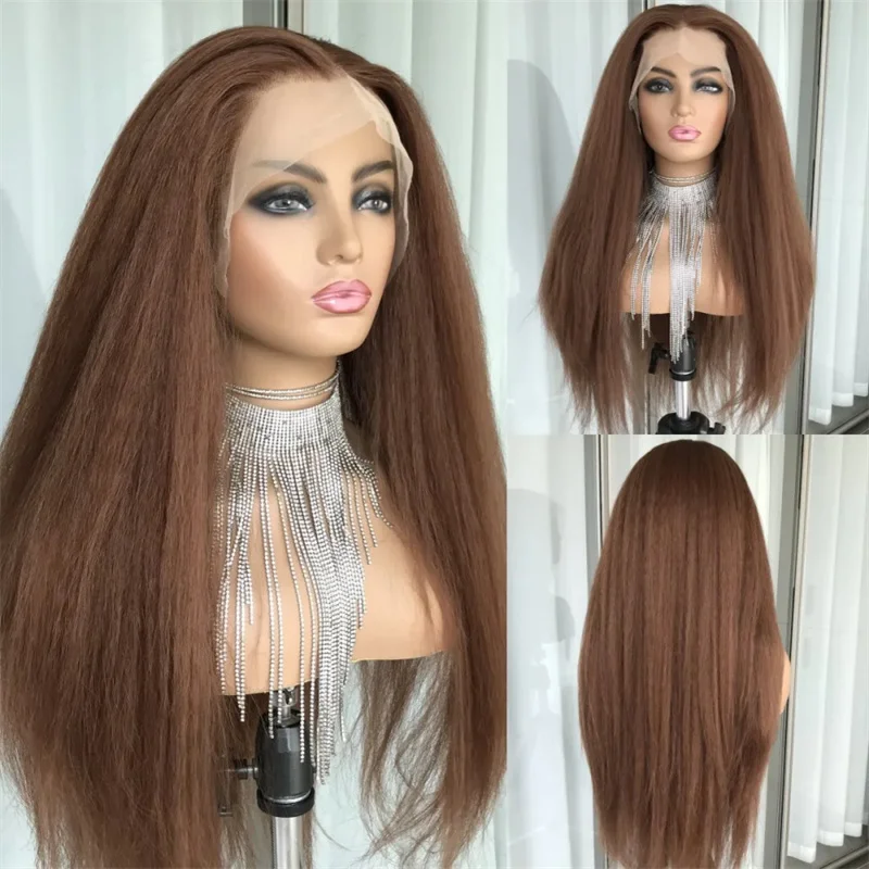 

Preplucked Yaki Brown 30Inch Long Kinky Straight Lace Front Wig For Women With Baby Hair Synthetic Glueless Daily Wear Wig