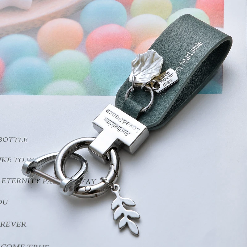 New Fashion Leaf Shell Pendant Keychain PU Leather Key Ring Women Men Hand Rope Car Key Phone Charm Holder Couple Gift Trinket